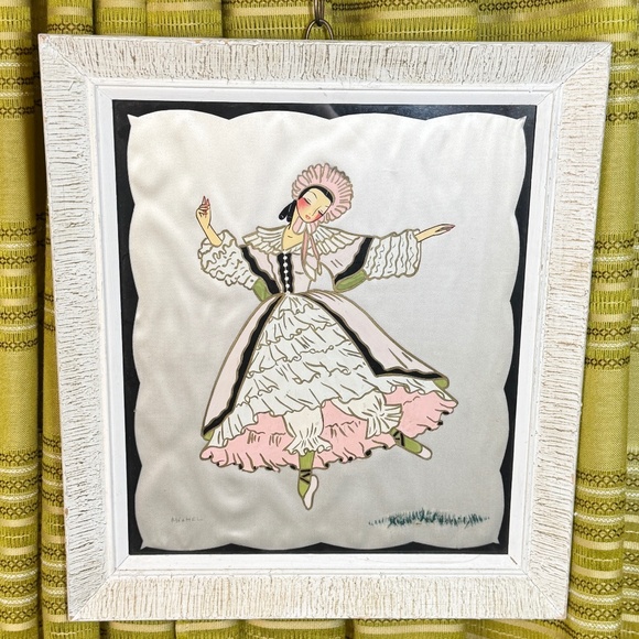 Vintage Mid Century paint on silk artwork, pink ballerina, wood framed - Picture 1 of 4